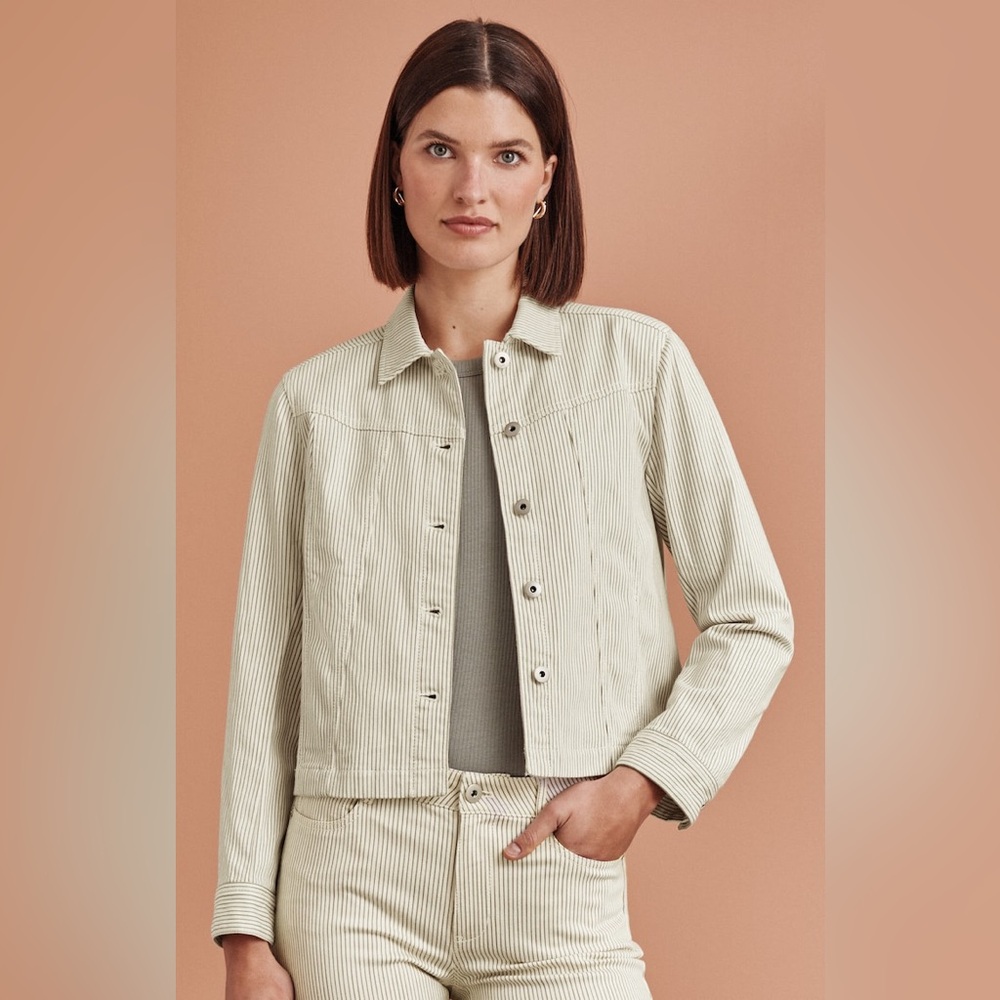 NWT J.JILL Striped Denim Jacket in Eggshell/Thyme
